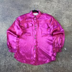 Vintage Sharon Shirt Womens L Pink Shiny Button Up Long Sleeve Satin Top